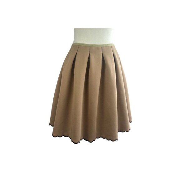 Manoush Neoprene Pleated A-Line Skirt Tan/ Black Scalloped Edges Sz 38 FR (US 6) - Picture 2 of 11